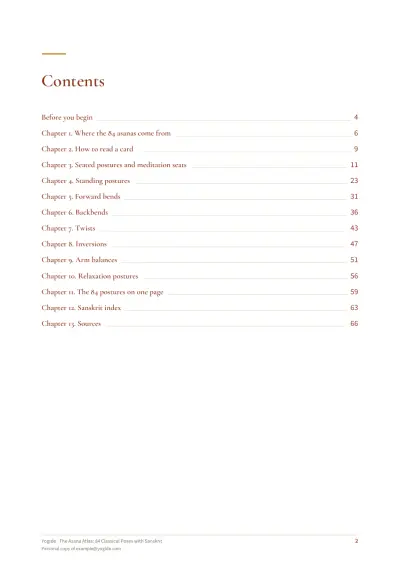 The Asana Atlas: 84 Classical Poses with Sanskrit — Sample page 2 of 66 — contents