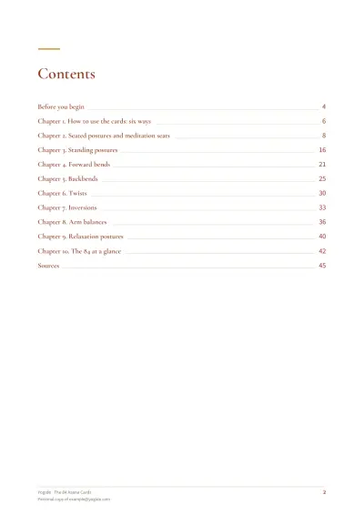 The 84 Asana Cards — Sample page 2 of 45 — contents