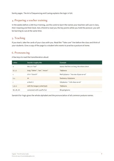 The 84 Asana Cards — Sample page 7 of 45 — table