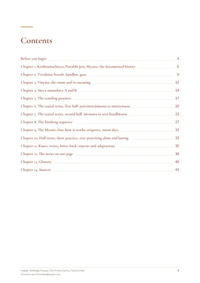 Ashtanga Vinyasa: The Primary Series, Pose by Pose — Sample page 2 of 42 — contents