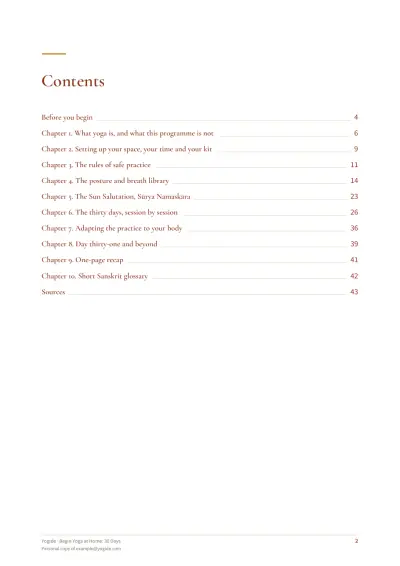 Begin Yoga at Home: 30 Days — Sample page 2 of 43 — contents