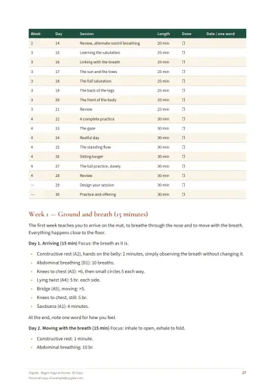 Begin Yoga at Home: 30 Days — Sample page 27 of 43 — table