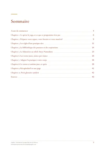 Commencer le yoga chez soi en 30 jours — Page d’aperçu 2 sur 43 — sommaire