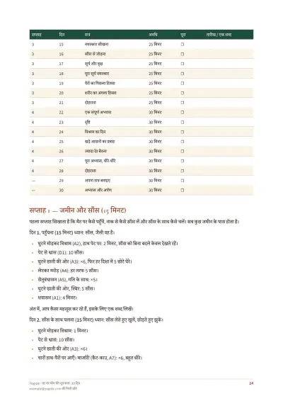 घर पर योग की शुरुआत: 30 दिन — नमूना पृष्ठ 24 / 40 — तालिका