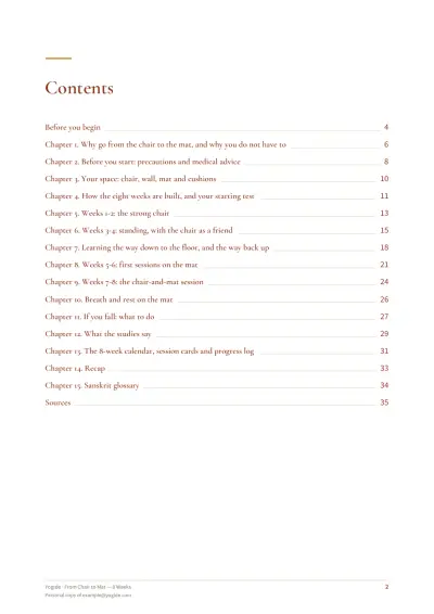 From Chair to Mat — 8 Weeks — Sample page 2 of 36 — contents