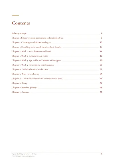 Chair Yoga for Seniors — 28 Days — Sample page 2 of 46 — contents