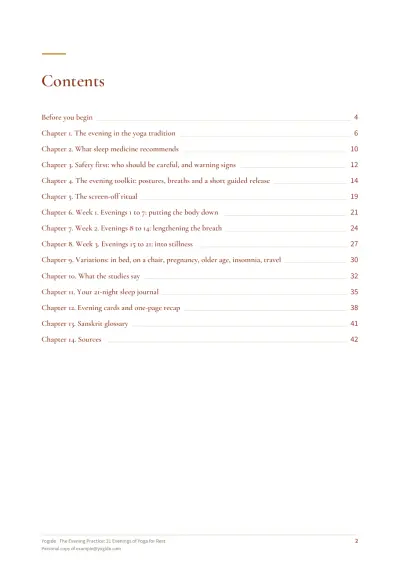 The Evening Practice: 21 Evenings of Yoga for Rest — Sample page 2 of 44 — contents
