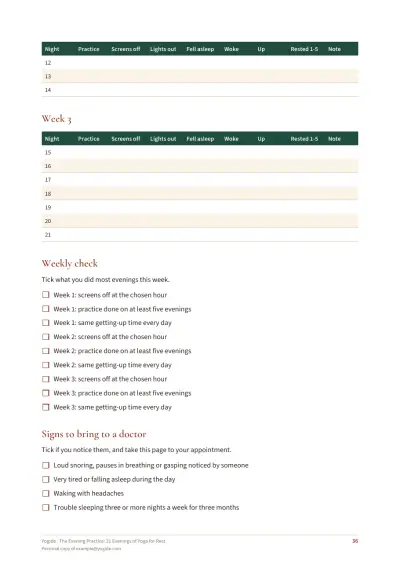The Evening Practice: 21 Evenings of Yoga for Rest — Sample page 36 of 44 — checklist