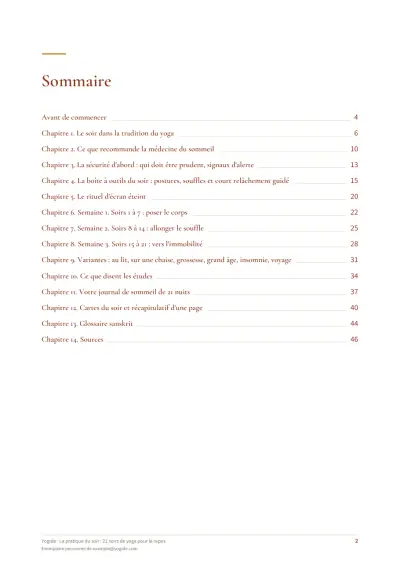La pratique du soir : 21 soirs de yoga pour le repos — Page d’aperçu 2 sur 48 — sommaire
