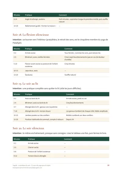 La pratique du soir : 21 soirs de yoga pour le repos — Page d’aperçu 29 sur 48 — tableau