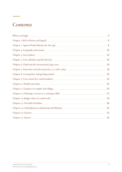 Bali: The Yogi's Guide — Sample page 2 of 36 — contents