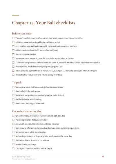 Bali: The Yogi's Guide — Sample page 30 of 36 — checklist