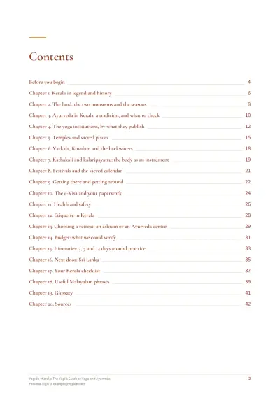 Kerala: The Yogi's Guide to Yoga and Ayurveda — Sample page 2 of 44 — contents