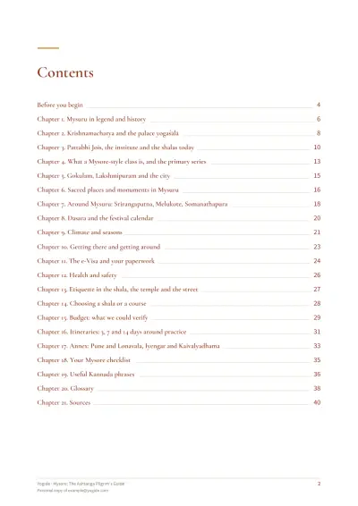Mysore: The Ashtanga Pilgrim's Guide — Sample page 2 of 44 — contents