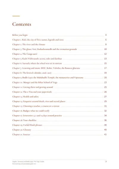 Varanasi and Bodh Gaya: The Yogi's Guide — Sample page 2 of 43 — contents