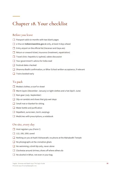 Varanasi and Bodh Gaya: The Yogi's Guide — Sample page 36 of 43 — checklist