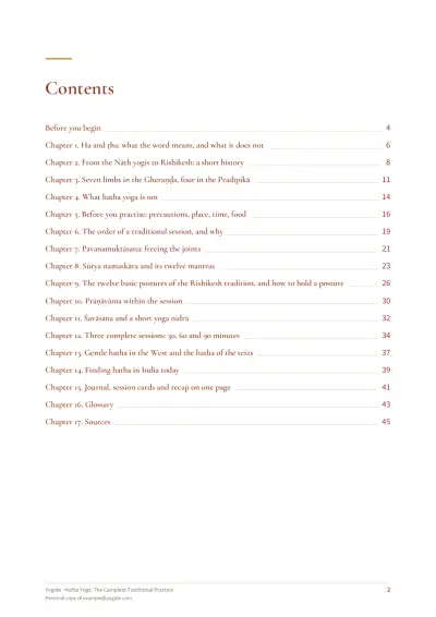 Hatha Yoga: The Complete Traditional Practice — Sample page 2 of 46 — contents