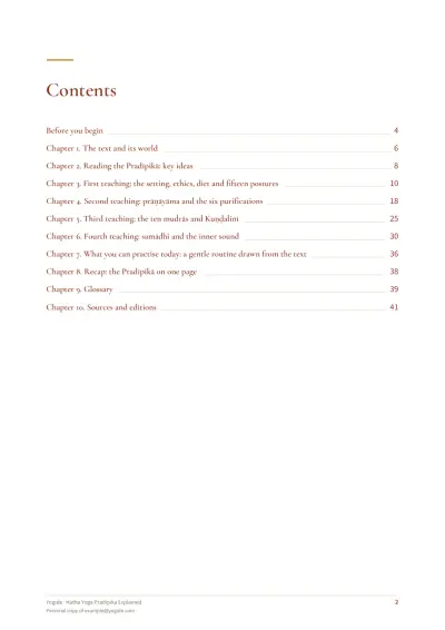 Hatha Yoga Pradipika Explained — Sample page 2 of 41 — contents