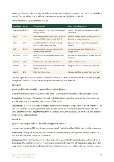 Hatha Yoga Pradipika Explained — Sample page 22 of 41 — table