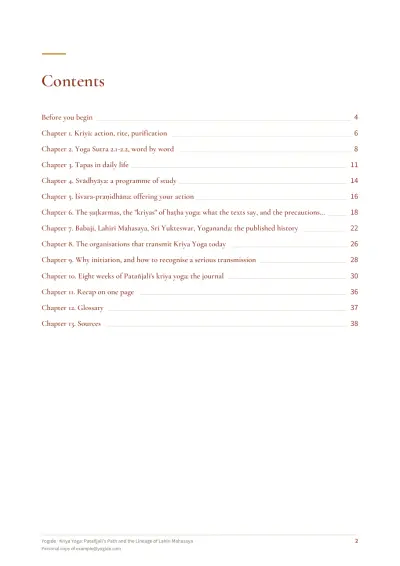 Kriya Yoga: Patañjali's Path and the Lineage of Lahiri Mahasaya — Sample page 2 of 39 — contents