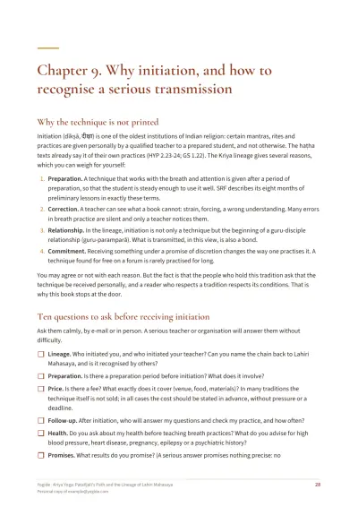 Kriya Yoga: Patañjali's Path and the Lineage of Lahiri Mahasaya — Sample page 28 of 39 — checklist