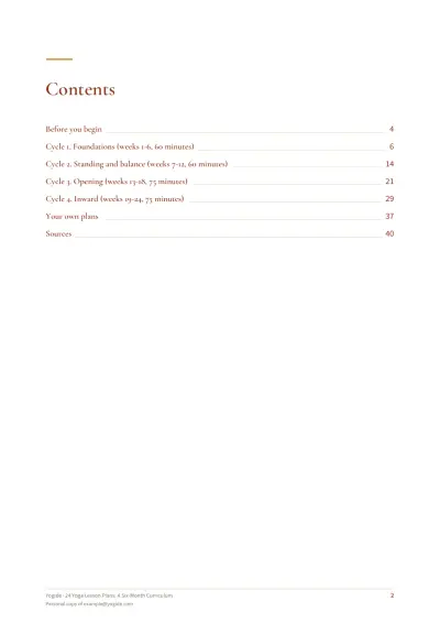 24 Yoga Lesson Plans: A Six-Month Curriculum — Sample page 2 of 40 — contents