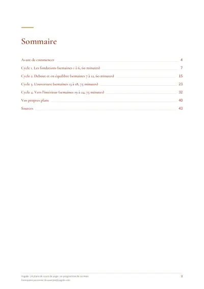24 plans de cours de yoga : un programme de six mois — Page d’aperçu 2 sur 43 — sommaire