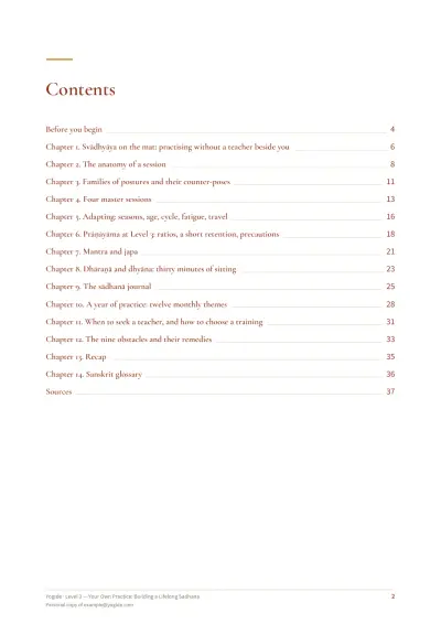 Level 3 — Your Own Practice: Building a Lifelong Sadhana — Sample page 2 of 38 — contents