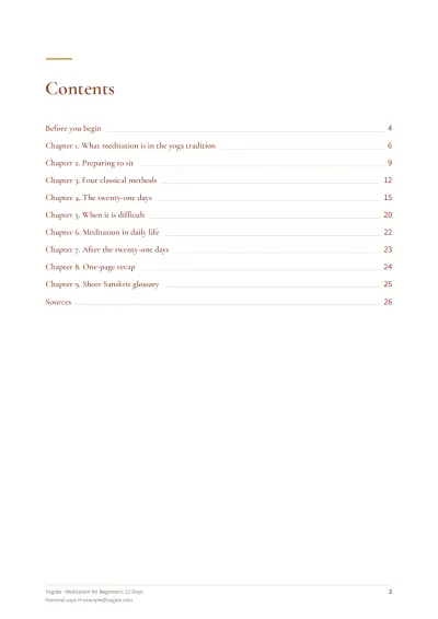 Meditation for Beginners: 21 Days — Sample page 2 of 26 — contents