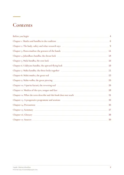 Mudras & Bandhas — Sample page 2 of 39 — contents