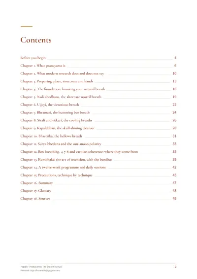 Pranayama: The Breath Manual — Sample page 2 of 50 — contents