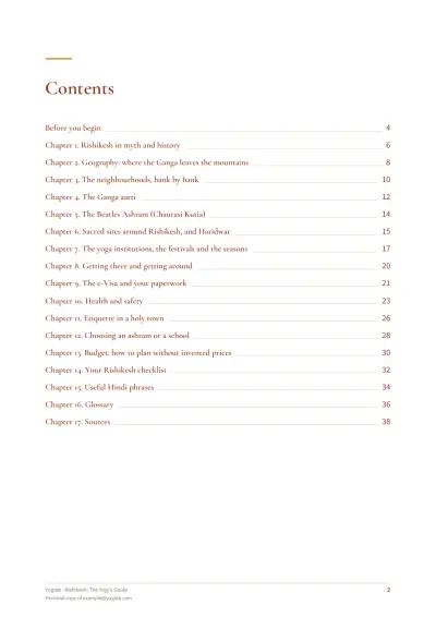 Rishikesh: The Yogi's Guide — Sample page 2 of 40 — contents