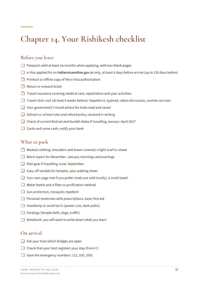 Rishikesh: The Yogi's Guide — Sample page 32 of 40 — checklist