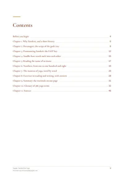 Sanskrit for Yogis — Sample page 2 of 47 — contents