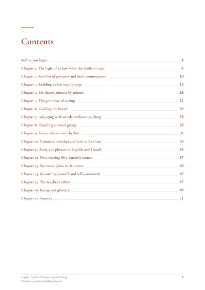 The Art of Sequencing and Cueing — Sample page 2 of 52 — contents