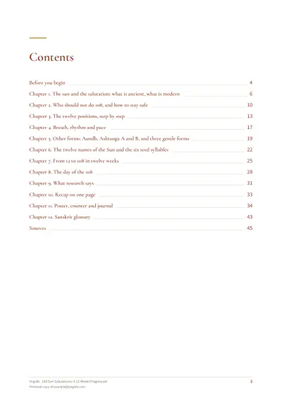 108 Sun Salutations: A 12-Week Progression — Sample page 2 of 46 — contents