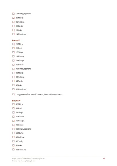 108 Sun Salutations: A 12-Week Progression — Sample page 36 of 46 — checklist