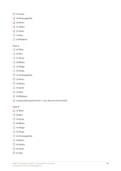 108 salutations au soleil : une progression en 12 semaines — Page d’aperçu 36 sur 46 — liste à cocher