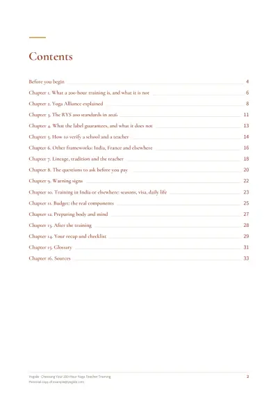 Choosing Your 200-Hour Yoga Teacher Training — Sample page 2 of 35 — contents