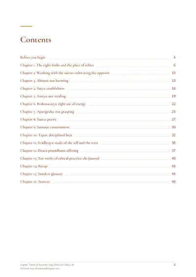 Yamas & Niyamas: Yoga Ethics for Daily Life — Sample page 2 of 47 — contents