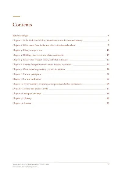 Yin Yoga: Long Holds, Real Roots, Honest Limits — Sample page 2 of 43 — contents