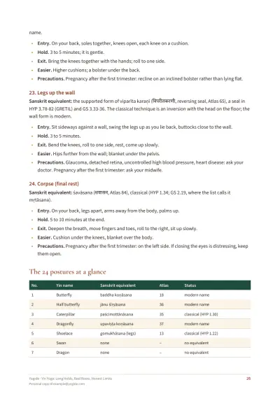 Yin Yoga: Long Holds, Real Roots, Honest Limits — Sample page 26 of 43 — table
