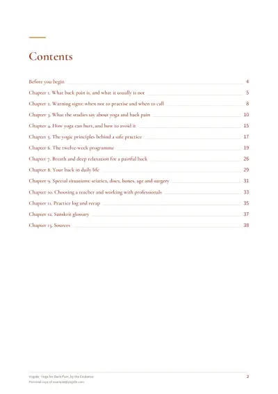 Yoga for Back Pain, by the Evidence — Sample page 2 of 40 — contents