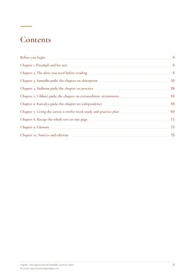 The Yoga Sutras of Patañjali, Sutra by Sutra — Sample page 2 of 75 — contents