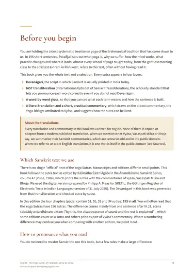 The Yoga Sutras of Patañjali, Sutra by Sutra — Sample page 4 of 75 — chapter opening