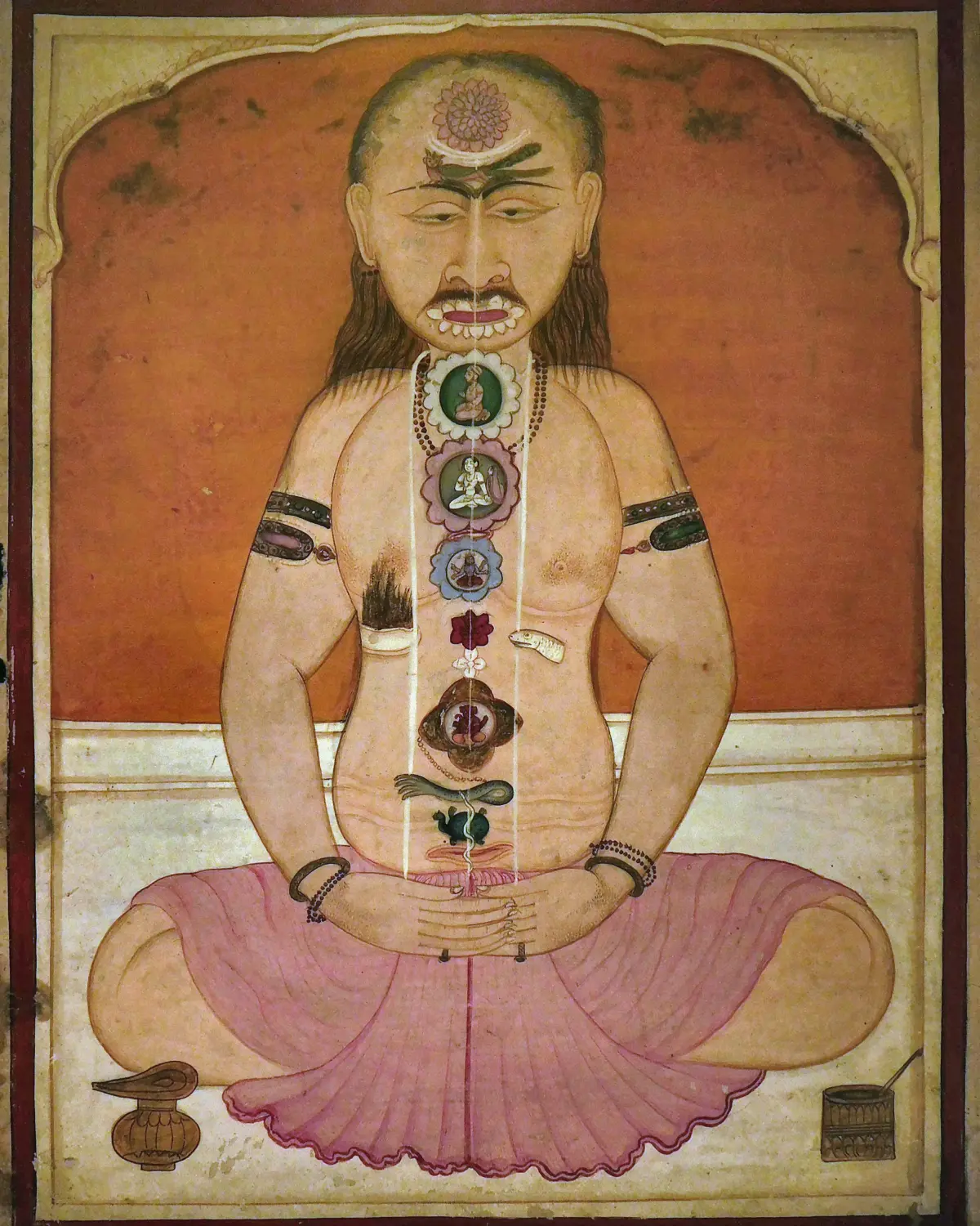 Old Indian manuscript painting of a seated yogin with the chakras along the central channel and a small serpent, Kundalini, rising