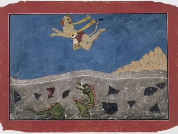 Hanuman leaps across the ocean towards Lanka, folio from the Guler Ramayana series, Pahari painting attributed to Pandit Seu