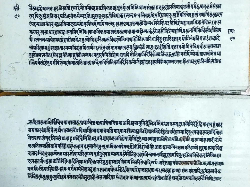 Two pages of a Sanskrit manuscript of Patanjali's Yoga Sutras in Devanagari script