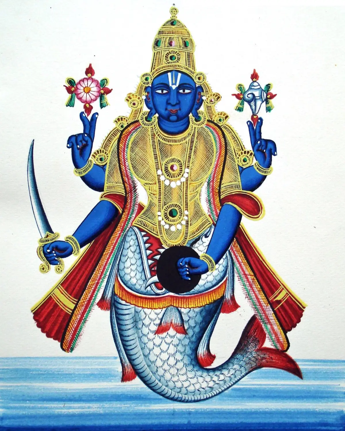 Matsya, the fish incarnation of Vishnu, half man and half fish, rising from the ocean: gouache painting from an album of Hindu deities, about 1850
