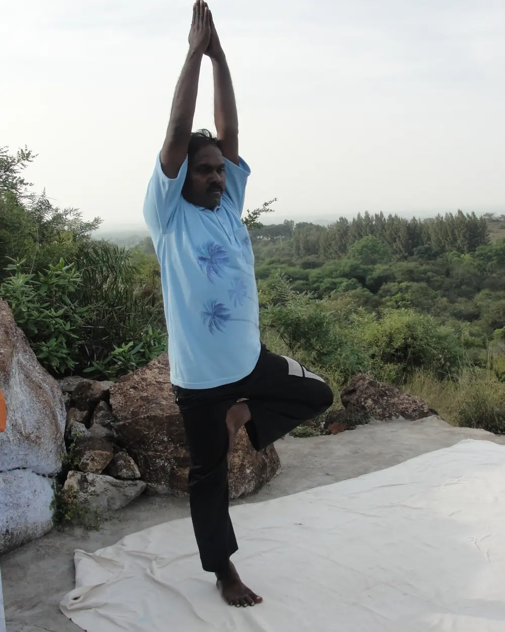 A man practising the tree pose (vrikshasana) outdoors on a cotton mat